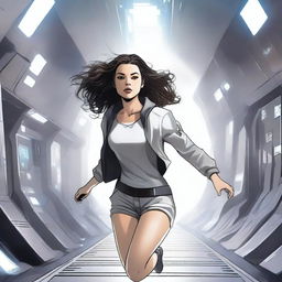 An illustration of a powerful white girl with dark, wavy hair, dressed in patient clothes, escaping from a high-tech spaceship