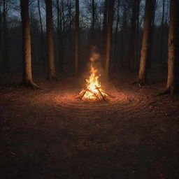 A fierce bonfire lighting up the night forest, with a large, detailed pentagram etched on the ground nearby, bathed in flickering firelight.