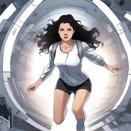 An illustration of a powerful white girl with dark, wavy hair, dressed in patient clothes, escaping from a high-tech spaceship