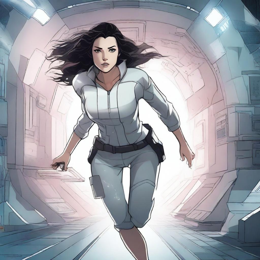 An illustration of a powerful white girl with dark, wavy hair, dressed in patient clothes, escaping from a high-tech spaceship