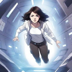 An illustration of a powerful white girl with dark, wavy hair, dressed in patient clothes, escaping from a high-tech spaceship