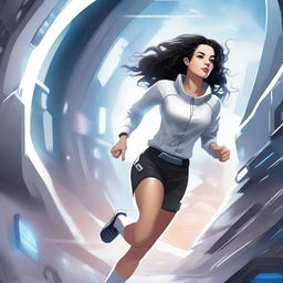 An illustration of a powerful white girl with dark, wavy hair, dressed in patient clothes, escaping from a high-tech spaceship