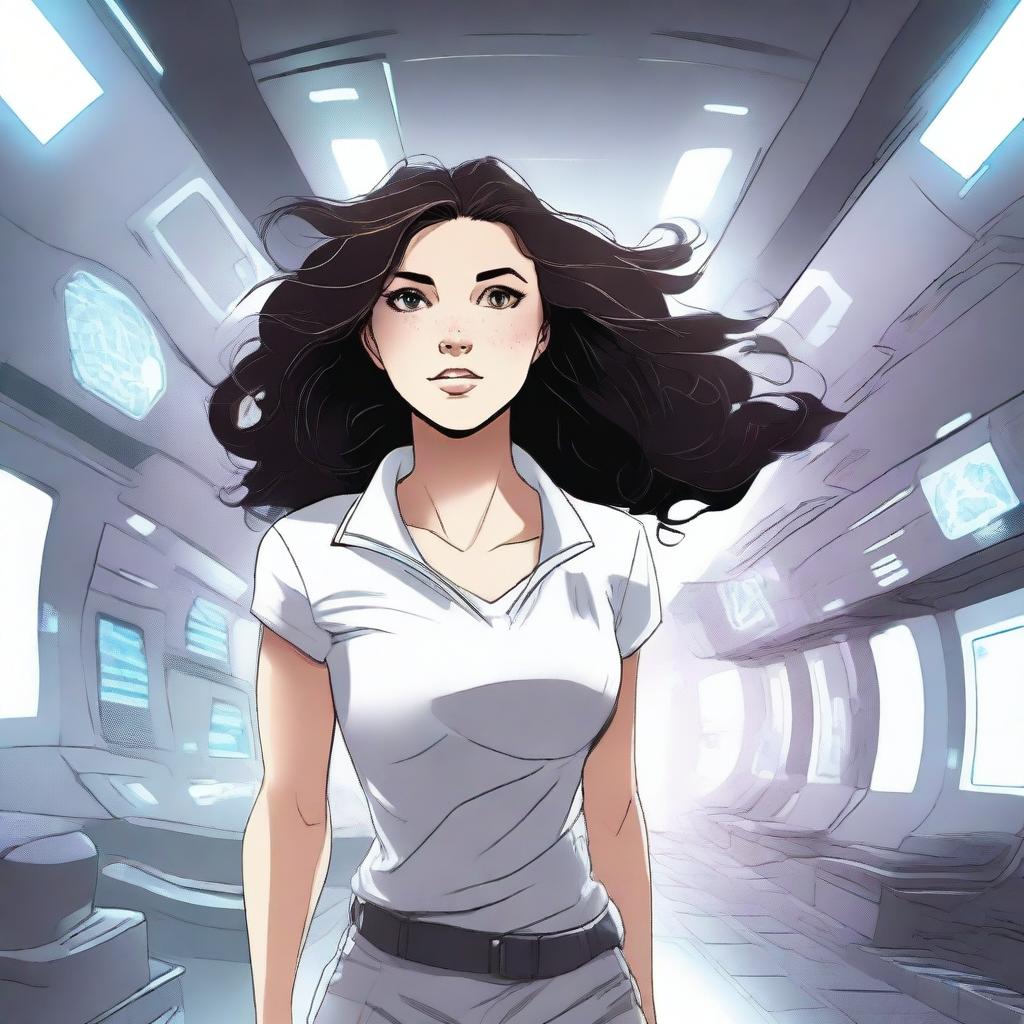 An illustration of a powerful white girl with dark, wavy hair and magic eyes, dressed in patient clothes, escaping from a high-tech spaceship