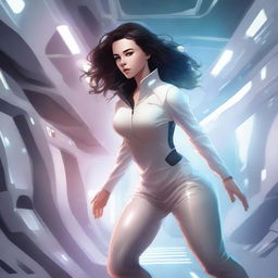 An illustration of a powerful white girl with dark, wavy hair and magic eyes, dressed in patient clothes, escaping from a high-tech spaceship