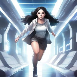 An illustration of a powerful white girl with dark, wavy hair and magic eyes, dressed in patient clothes, escaping from a high-tech spaceship