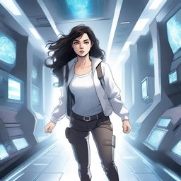 An illustration of a powerful white girl with dark, wavy hair and magic eyes, dressed in patient clothes, escaping from a high-tech spaceship