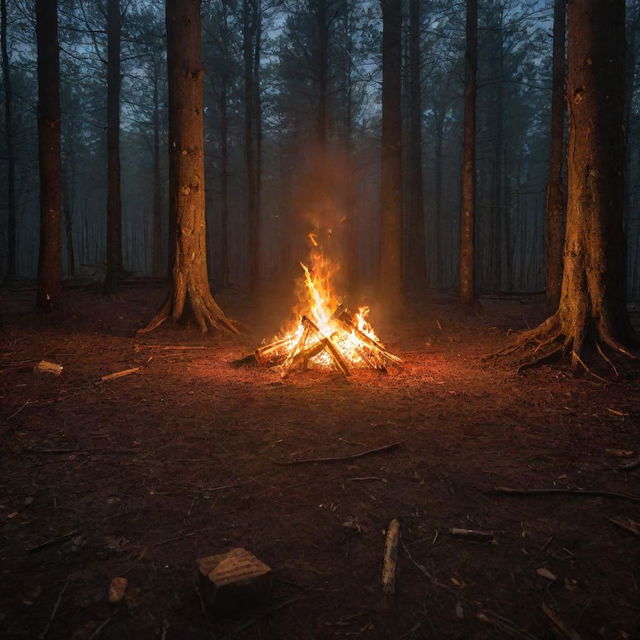 A fierce bonfire lighting up the night forest, with a large, detailed pentagram etched on the ground nearby, bathed in flickering firelight.