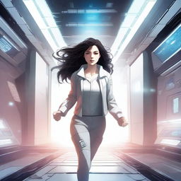 An illustration of a powerful white girl with dark, wavy hair and magic eyes, dressed in patient clothes, escaping from a high-tech spaceship