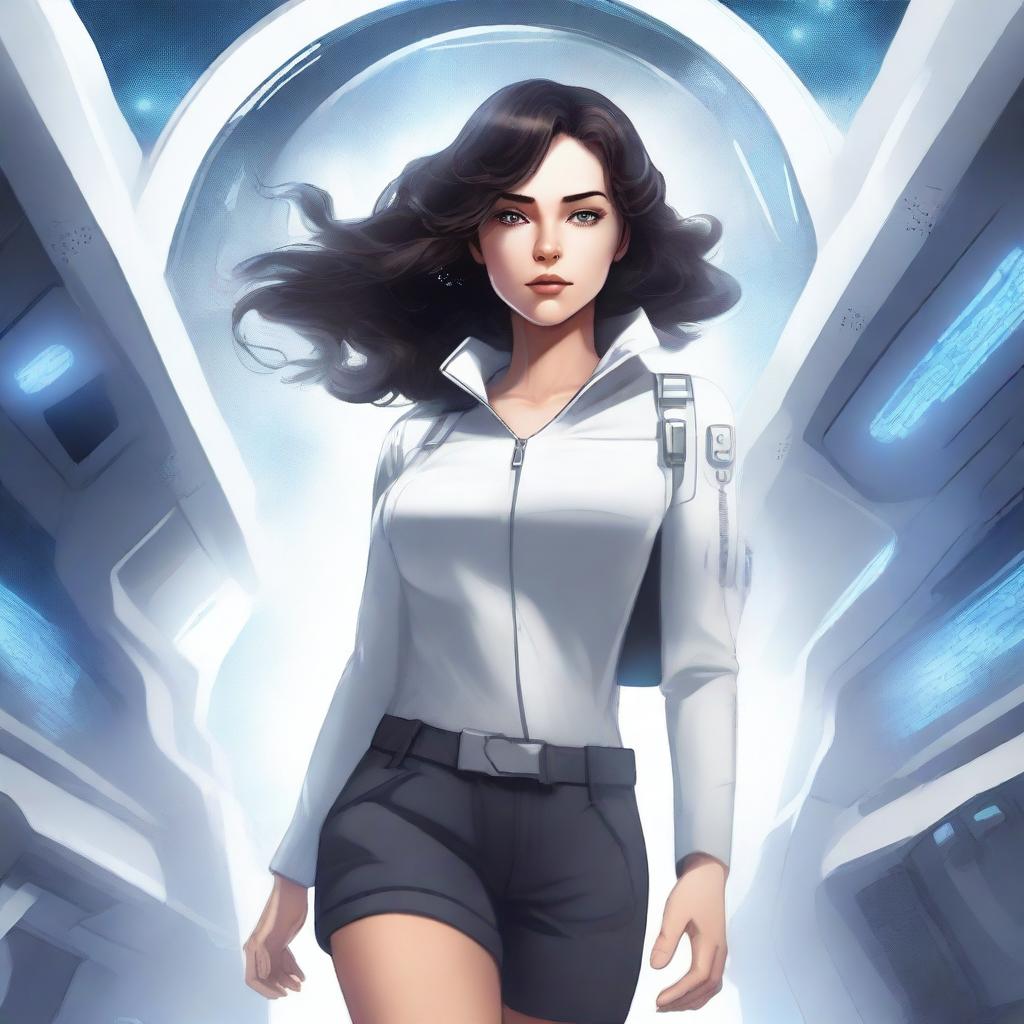 An illustration of a powerful white girl with dark, wavy hair and magic eyes, dressed in patient clothes, escaping from a high-tech spaceship