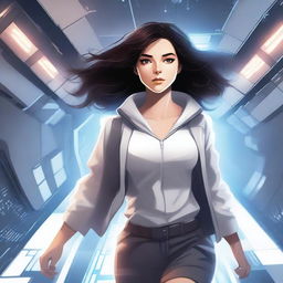 An illustration of a powerful white girl with dark, wavy hair and magic eyes, dressed in patient clothes, escaping from a high-tech spaceship