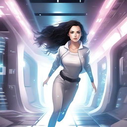 An illustration of a powerful white girl with dark, wavy hair and magic eyes, dressed in patient clothes, escaping from a high-tech spaceship