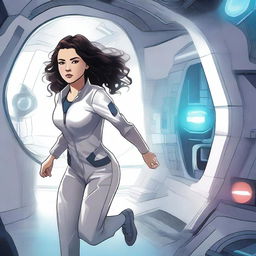 An illustration of a powerful white girl with dark, wavy hair, dressed in patient clothes, escaping from a high-tech spaceship