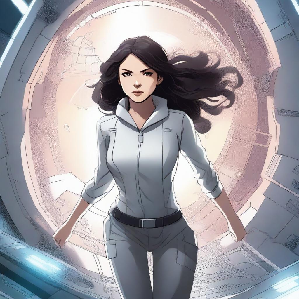 An illustration of a powerful white girl with dark, wavy hair, dressed in patient clothes, escaping from a high-tech spaceship