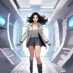 An illustration of a powerful white girl with dark, wavy hair, dressed in patient clothes, escaping from a high-tech spaceship