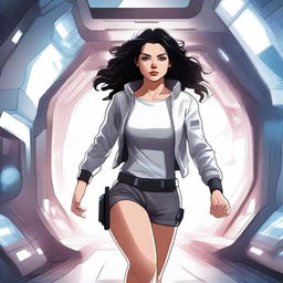 An illustration of a powerful white girl with dark, wavy hair, dressed in patient clothes, escaping from a high-tech spaceship