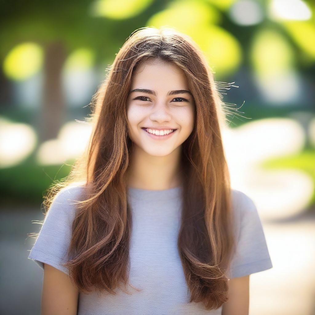 A portrait of an 18-year-old girl with a friendly smile, wearing casual clothing