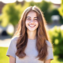 A portrait of an 18-year-old girl with a friendly smile, wearing casual clothing