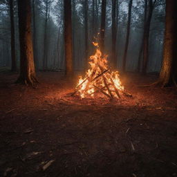 A fierce bonfire lighting up the night forest, with a large, detailed pentagram etched on the ground nearby, bathed in flickering firelight.