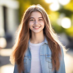 A portrait of an 18-year-old girl with a friendly smile, wearing casual clothing