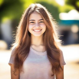 A portrait of an 18-year-old girl with a friendly smile, wearing casual clothing