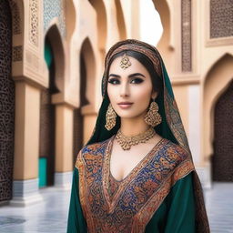 A beautiful Arabic woman with traditional attire, featuring intricate designs and vibrant colors