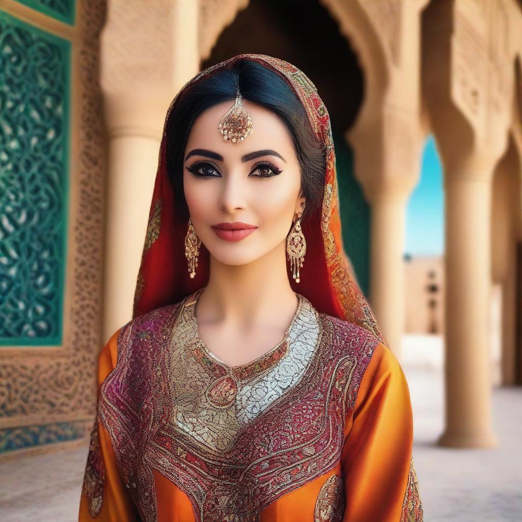 A beautiful Arabic woman with traditional attire, featuring intricate designs and vibrant colors