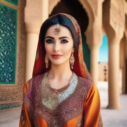 A beautiful Arabic woman with traditional attire, featuring intricate designs and vibrant colors