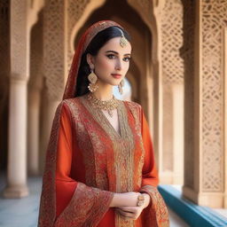 A beautiful Arabic woman with traditional attire, featuring intricate designs and vibrant colors