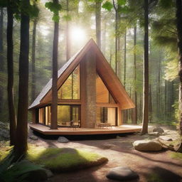 A cozy forest home nestled among tall trees