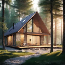 A cozy forest home nestled among tall trees