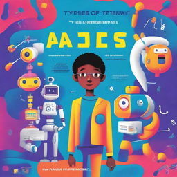 A colorful and engaging book cover titled 'Types of AI for Teens in English for Boys' by Aditya Mahajan