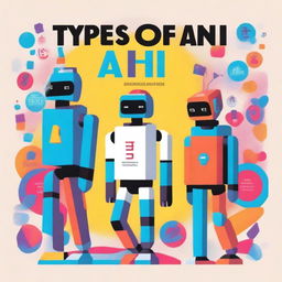 A colorful and engaging book cover titled 'Types of AI for Teens in English for Boys' by Aditya Mahajan