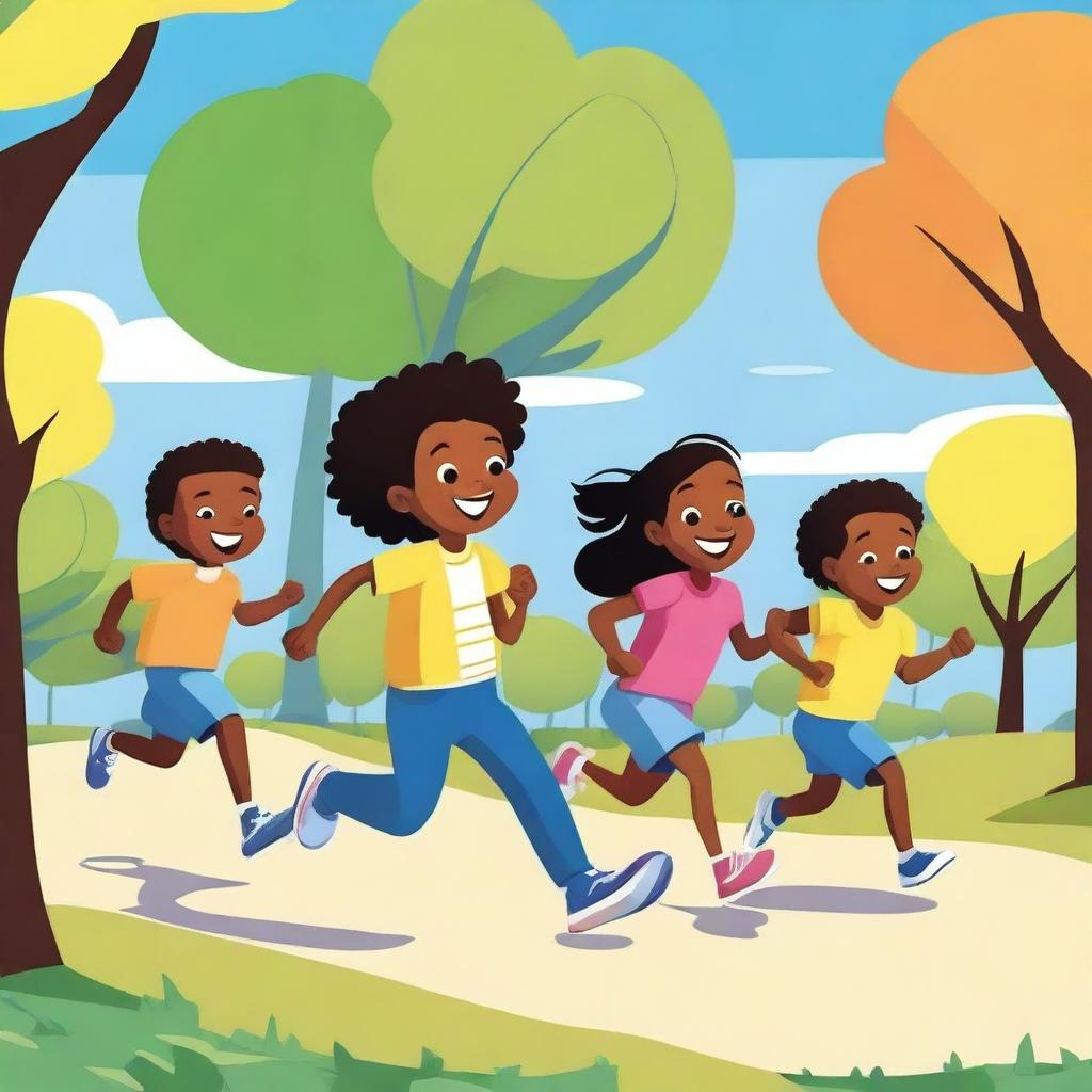 A vibrant and cheerful comic-style illustration of kids running in a park