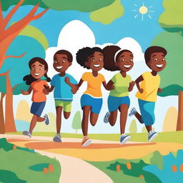 A vibrant and cheerful comic-style illustration of kids running in a park