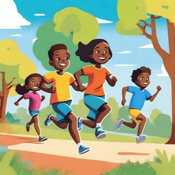 A vibrant and cheerful comic-style illustration of kids running in a park