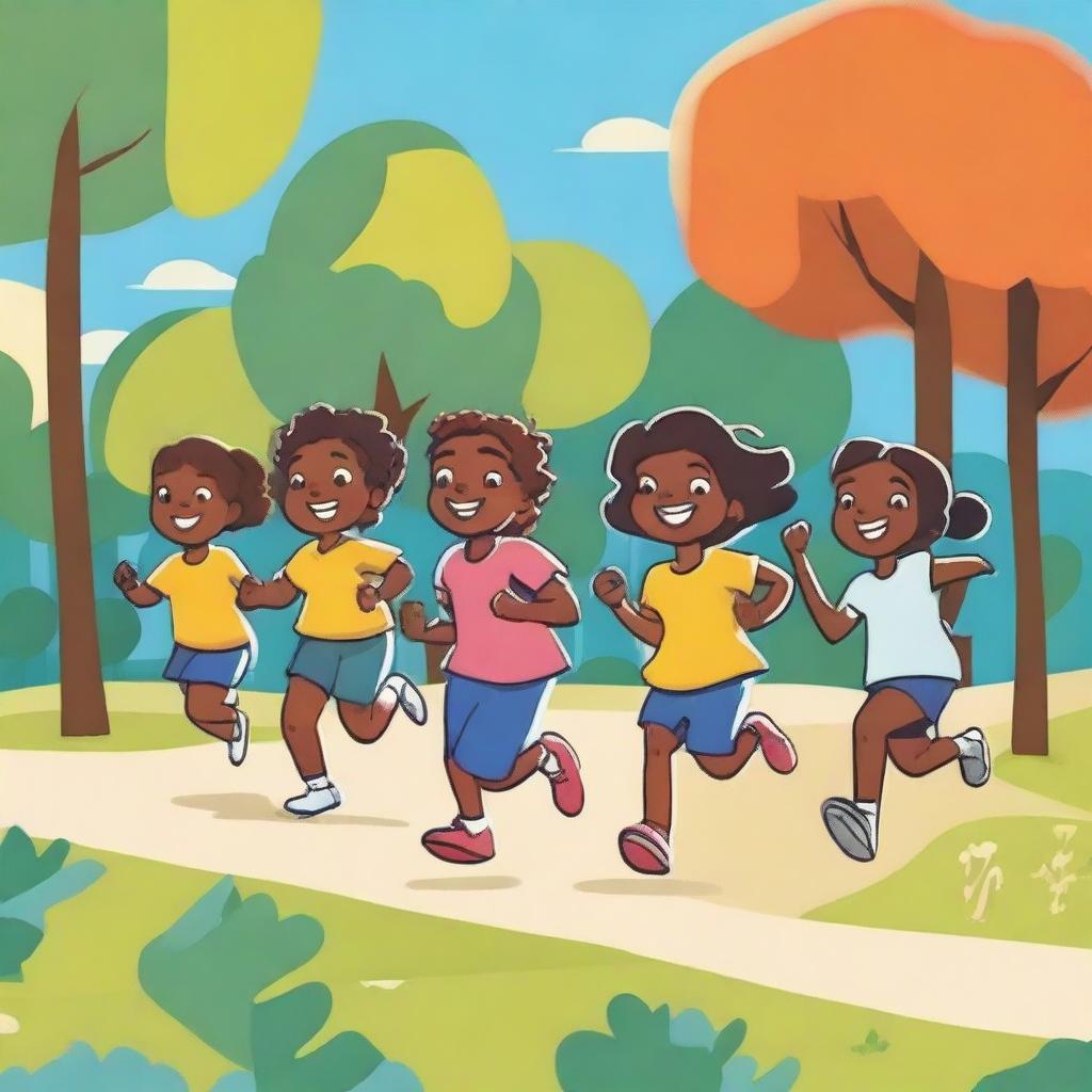 A vibrant and cheerful comic-style illustration of kids running in a park