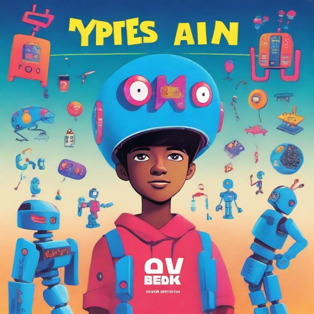 A colorful and engaging book cover titled 'Types of AI for Teens in English for Boys' by Aditya Mahajan