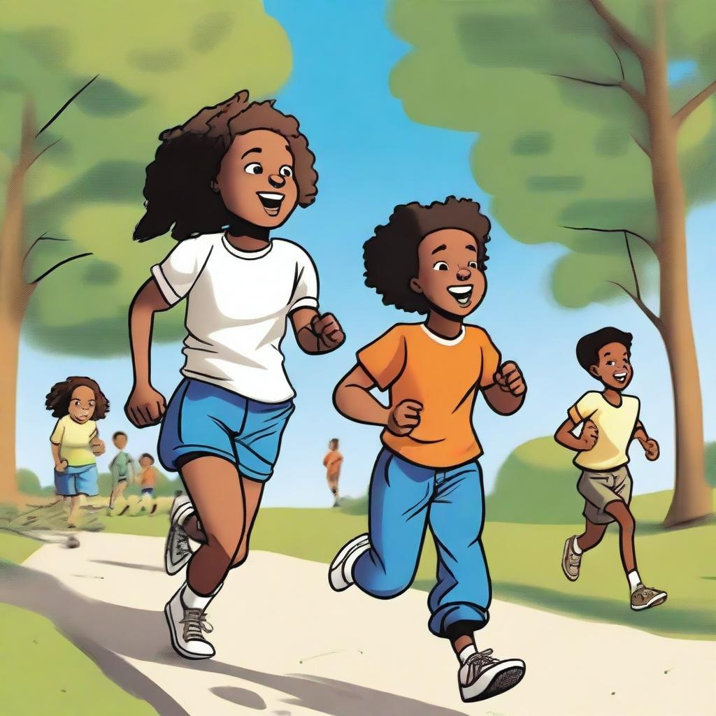 A comic-style yet realistic illustration of children running in a park