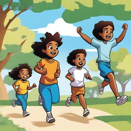 A comic-style yet realistic illustration of children running in a park