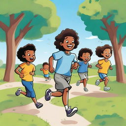 A comic-style yet realistic illustration of children running in a park