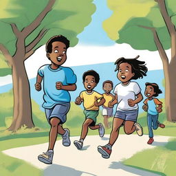 A comic-style yet realistic illustration of children running in a park