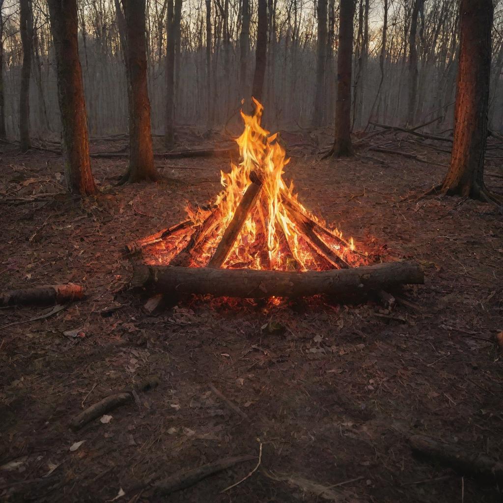 A dramatic scene of a brilliantly blazing bonfire with roaring flames, illuminating a large, sharply-drawn pentagram on the forest floor.