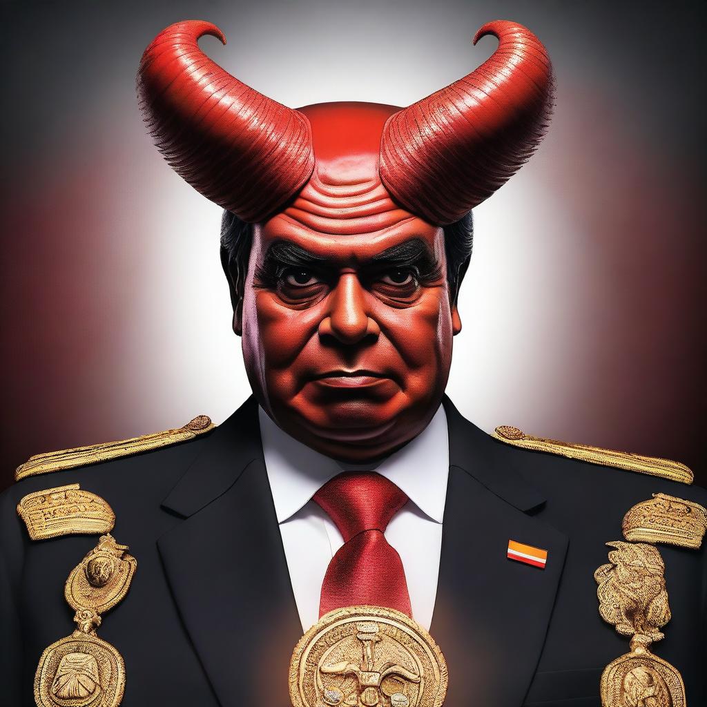 A highly detailed and realistic image of President Sisi depicted with devilish features, such as horns, red skin, and a menacing expression