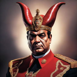 A highly detailed and realistic image of President Sisi depicted with devilish features, such as horns, red skin, and a menacing expression