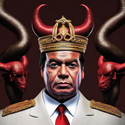 A highly detailed and realistic image of President Sisi depicted with devilish features, such as horns, red skin, and a menacing expression