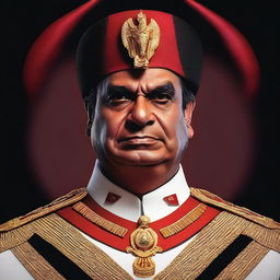 A highly detailed and realistic image of President Sisi depicted with devilish features, such as horns, red skin, and a menacing expression