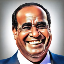 A detailed and realistic image of President Sisi with a very large and exaggerated smile, showing a moment of extreme happiness and positivity