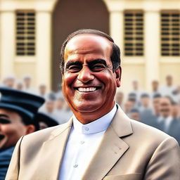 A detailed and realistic image of President Sisi with a very large and exaggerated smile, showing a moment of extreme happiness and positivity