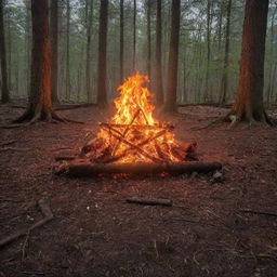 A dramatic scene of a brilliantly blazing bonfire with roaring flames, illuminating a large, sharply-drawn pentagram on the forest floor.