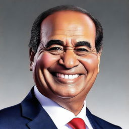 A detailed and realistic image of President Sisi with a very large and exaggerated smile, showing a moment of extreme happiness and positivity